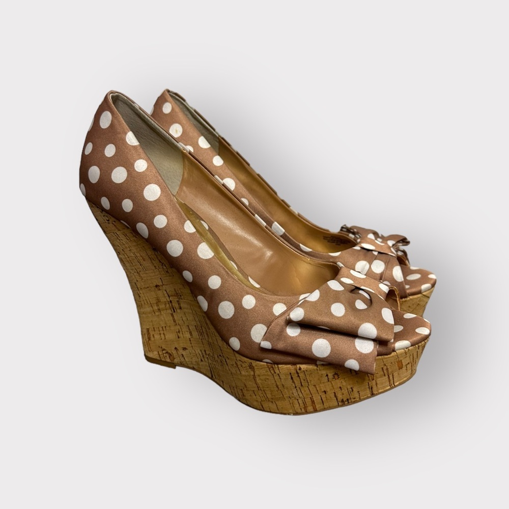 Paris Hilton Brown & White, Polka Dot, Retro, Bow, Wedges - Picture 2 of 8